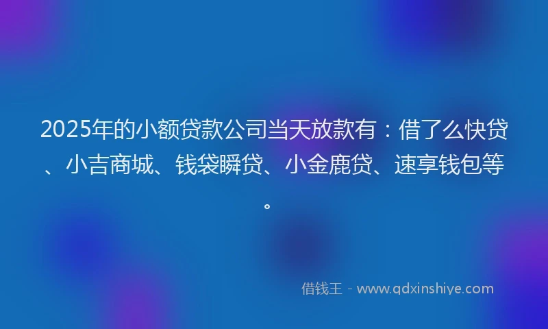 2025年的小额贷款公司当天放款有：借了么快贷、小吉商城、钱袋瞬贷、小金鹿贷、速享钱包等。