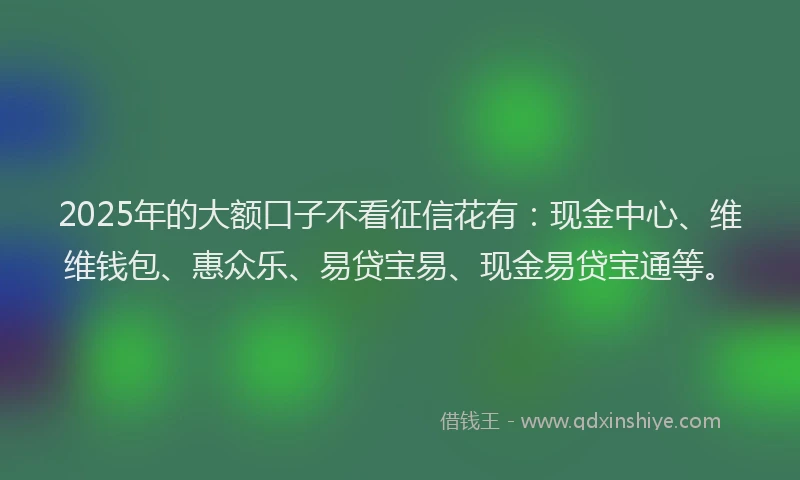 2025年的大额口子不看征信花有：现金中心、维维钱包、惠众乐、易贷宝易、现金易贷宝通等。