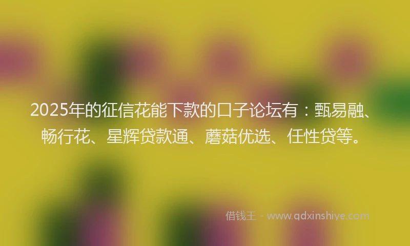2025年的征信花能下款的口子论坛有:甄易融、畅行花、星辉贷款通、蘑菇优选、任性贷等。