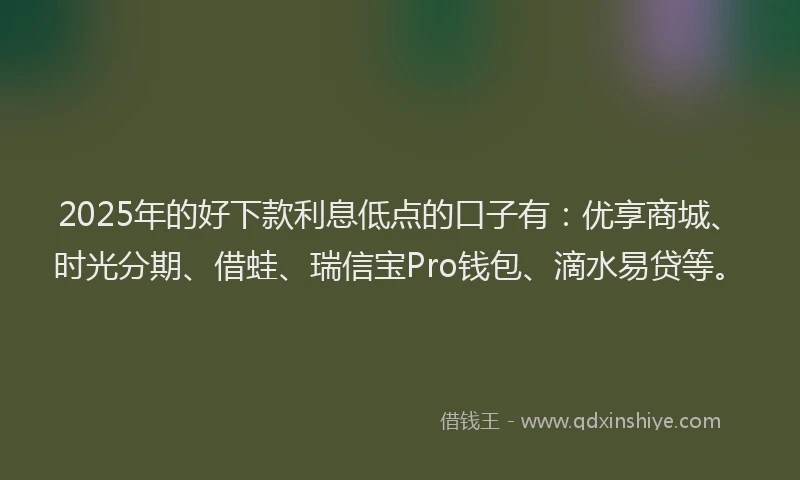 2025年的好下款利息低点的口子有：优享商城、时光分期、借蛙、瑞信宝Pro钱包、滴水易贷等。