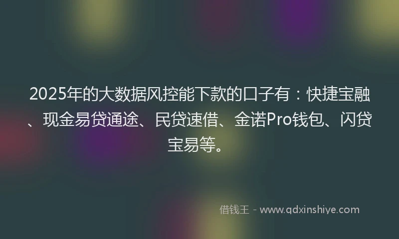 2025年的大数据风控能下款的口子有：快捷宝融、现金易贷通途、民贷速借、金诺Pro钱包、闪贷宝易等。
