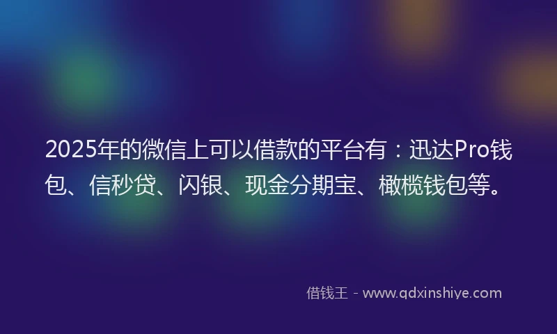 2025年的微信上可以借款的平台有：迅达Pro钱包、信秒贷、闪银、现金分期宝、橄榄钱包等。