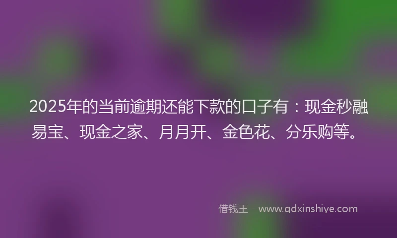 2025年的当前逾期还能下款的口子有：现金秒融易宝、现金之家、月月开、金色花、分乐购等。