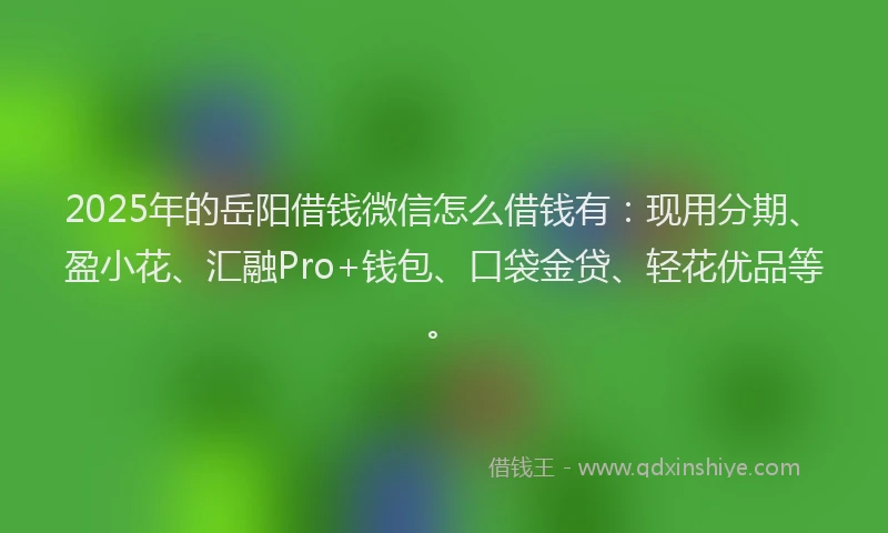 2025年的岳阳借钱微信怎么借钱有：现用分期、盈小花、汇融Pro+钱包、口袋金贷、轻花优品等。