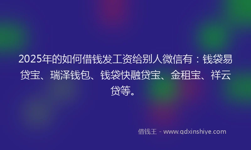 2025年的如何借钱发工资给别人微信有：钱袋易贷宝、瑞泽钱包、钱袋快融贷宝、金租宝、祥云贷等。