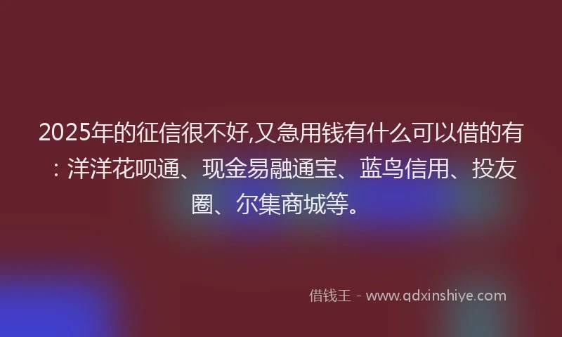 2025年的征信很不好,又急用钱有什么可以借的有：洋洋花呗通、现金易融通宝、蓝鸟信用、投友圈、尔集商城等。