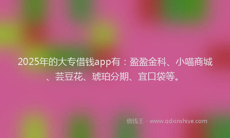 2025年的大专借钱app有：盈盈金科、小喵商城、芸豆花、琥珀分期、宜口袋等。