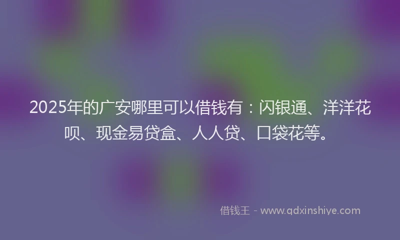 2025年的广安哪里可以借钱有：闪银通、洋洋花呗、现金易贷盒、人人贷、口袋花等。