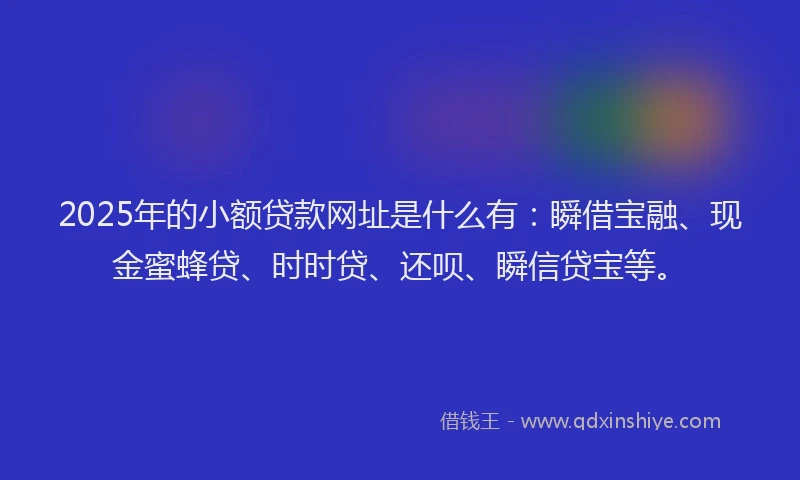 2025年的小额贷款网址是什么有：瞬借宝融、现金蜜蜂贷、时时贷、还呗、瞬信贷宝等。