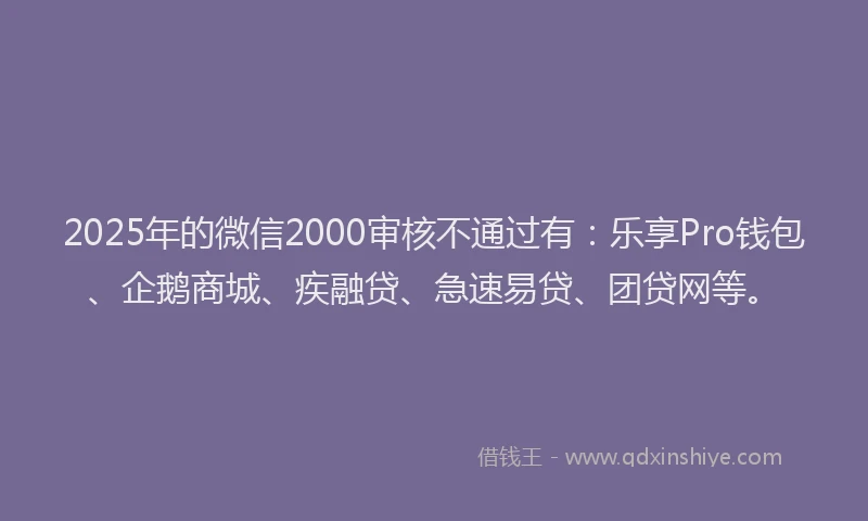 2025年的微信2000审核不通过有：乐享Pro钱包、企鹅商城、疾融贷、急速易贷、团贷网等。