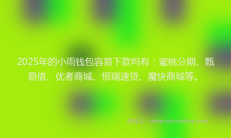 2025年的小雨钱包容易下款吗有：蜜桃分期、甄易借、优者商城、恒瑞速贷、魔快商城等。