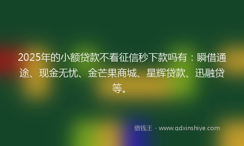 2025年的小额贷款不看征信秒下款吗有：瞬借通途、现金无忧、金芒果商城、星辉贷款、迅融贷等。