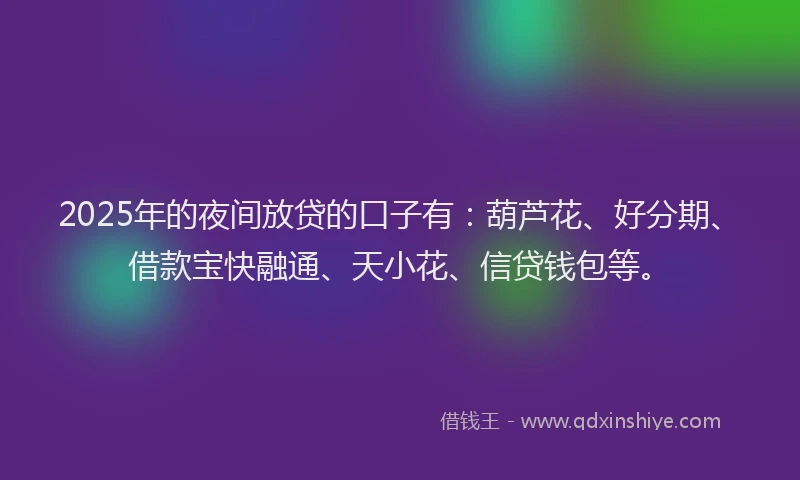 2025年的夜间放贷的口子有：葫芦花、好分期、借款宝快融通、天小花、信贷钱包等。
