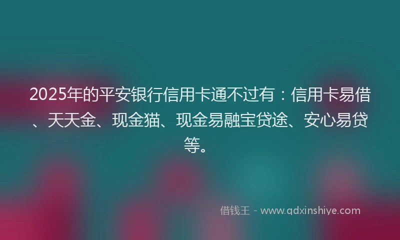 2025年的平安银行信用卡通不过有:信用卡易借、天天金、现金猫、现金易融宝贷途、安心易贷等。