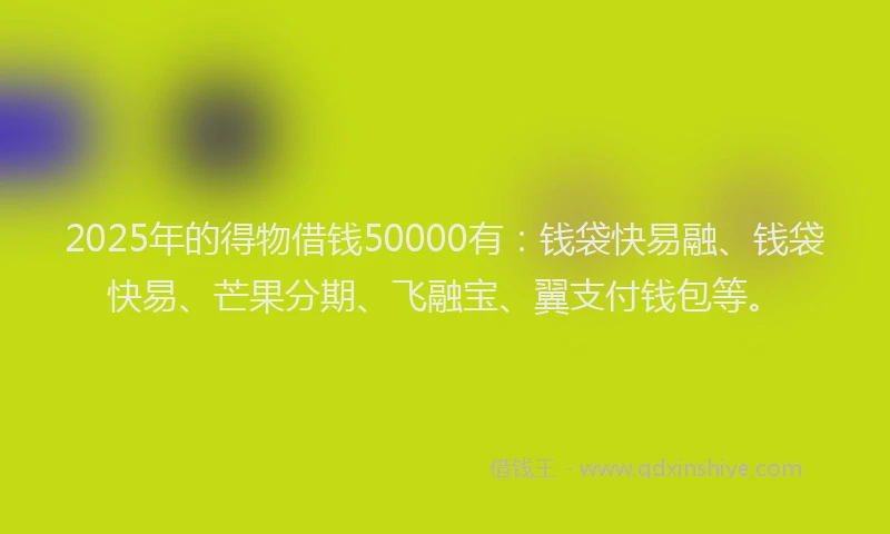 2025年的得物借钱50000有：钱袋快易融、钱袋快易、芒果分期、飞融宝、翼支付钱包等。