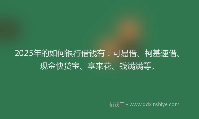 2025年的如何银行借钱有：可易借、柯基速借、现金快贷宝、享来花、钱满满等。