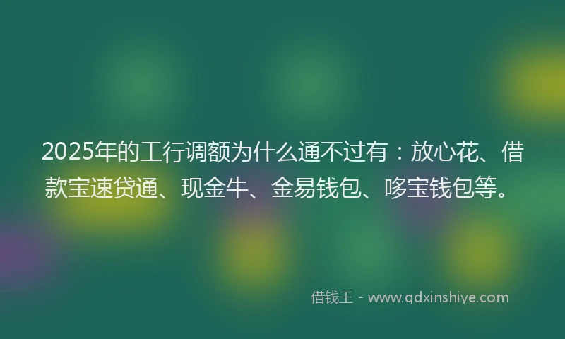 2025年的工行调额为什么通不过有：放心花、借款宝速贷通、现金牛、金易钱包、哆宝钱包等。