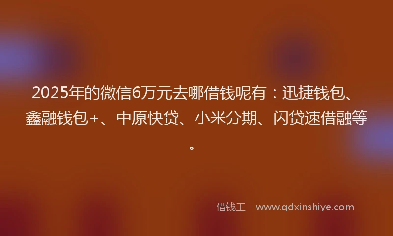 2025年的微信6万元去哪借钱呢有：迅捷钱包、鑫融钱包+、中原快贷、小米分期、闪贷速借融等。