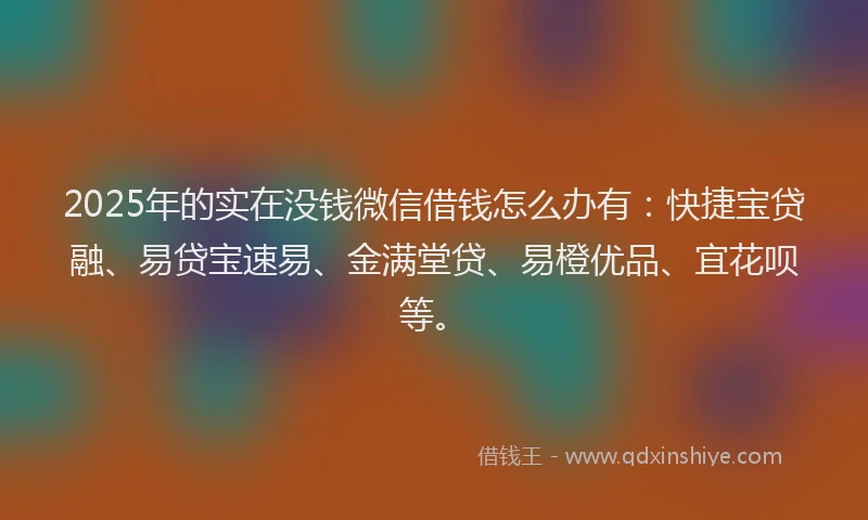 2025年的实在没钱微信借钱怎么办有：快捷宝贷融、易贷宝速易、金满堂贷、易橙优品、宜花呗等。