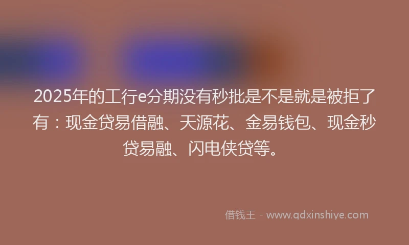 2025年的工行e分期没有秒批是不是就是被拒了有：现金贷易借融、天源花、金易钱包、现金秒贷易融、闪电侠贷等。