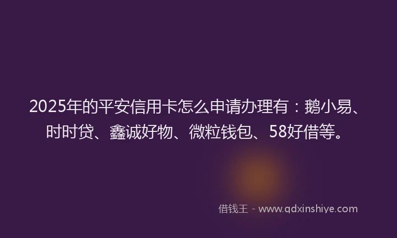 2025年的平安信用卡怎么申请办理有：鹅小易、时时贷、鑫诚好物、微粒钱包、58好借等。