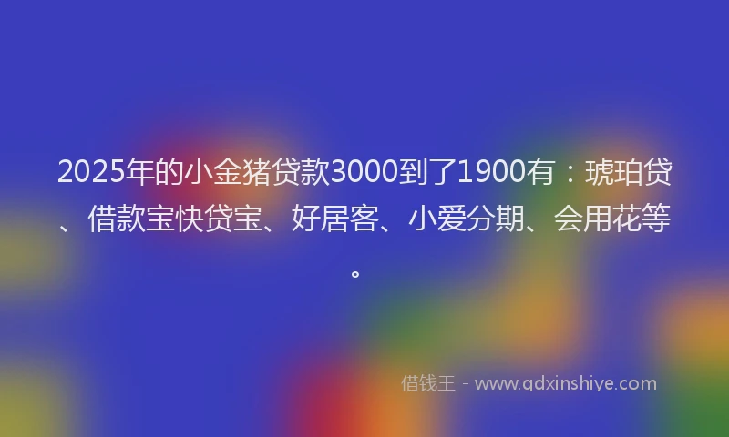 2025年的小金猪贷款3000到了1900有：琥珀贷、借款宝快贷宝、好居客、小爱分期、会用花等。