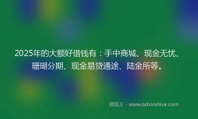 2025年的大额好借钱有：手中商城、现金无忧、珊瑚分期、现金易贷通途、陆金所等。