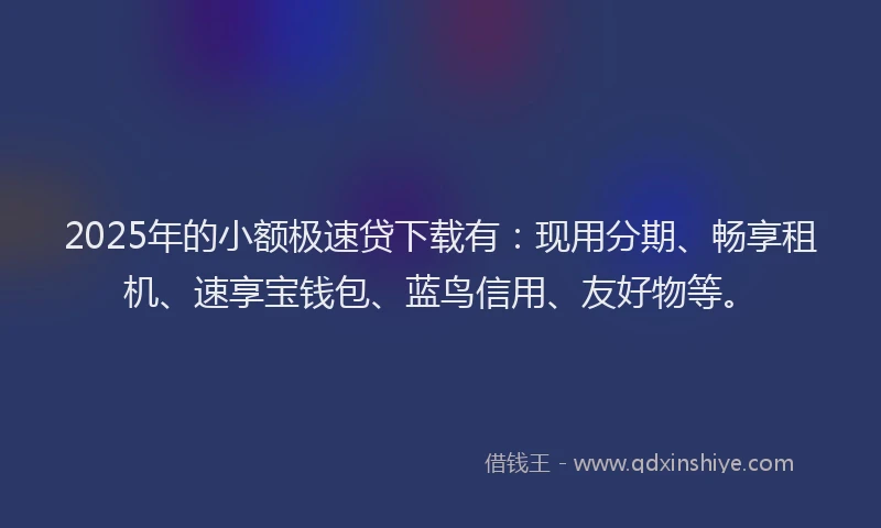 2025年的小额极速贷下载有：现用分期、畅享租机、速享宝钱包、蓝鸟信用、友好物等。