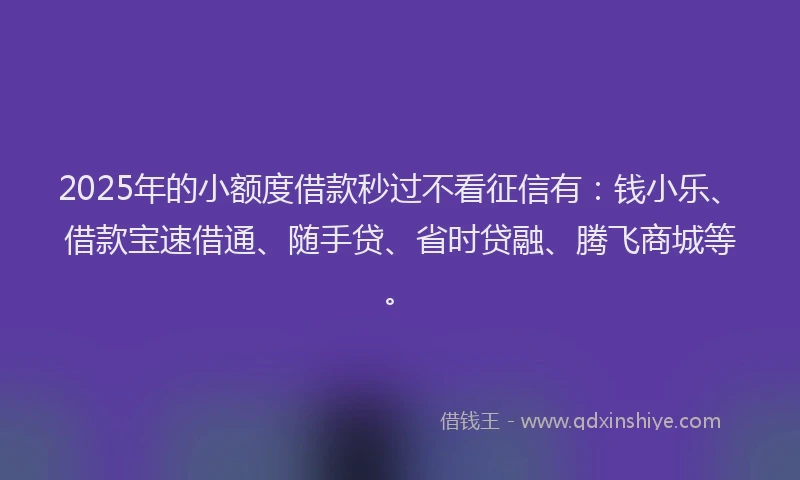 2025年的小额度借款秒过不看征信有：钱小乐、借款宝速借通、随手贷、省时贷融、腾飞商城等。