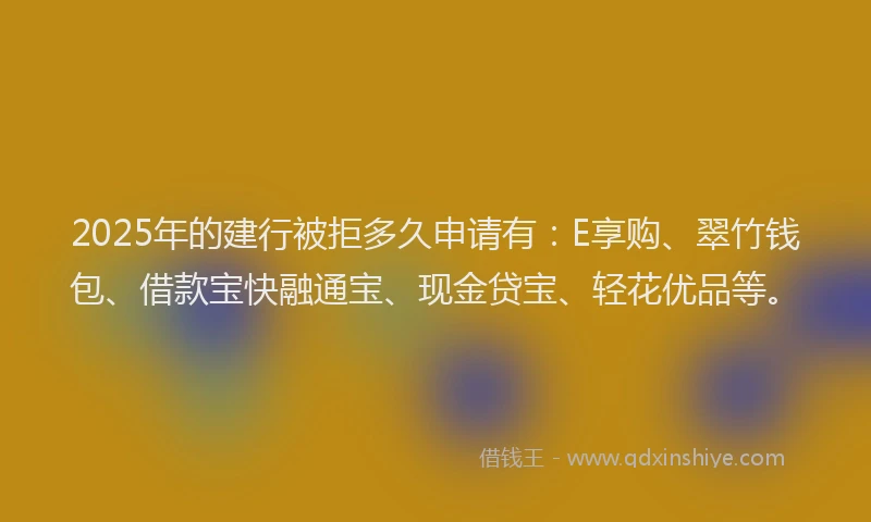 2025年的建行被拒多久申请有：E享购、翠竹钱包、借款宝快融通宝、现金贷宝、轻花优品等。