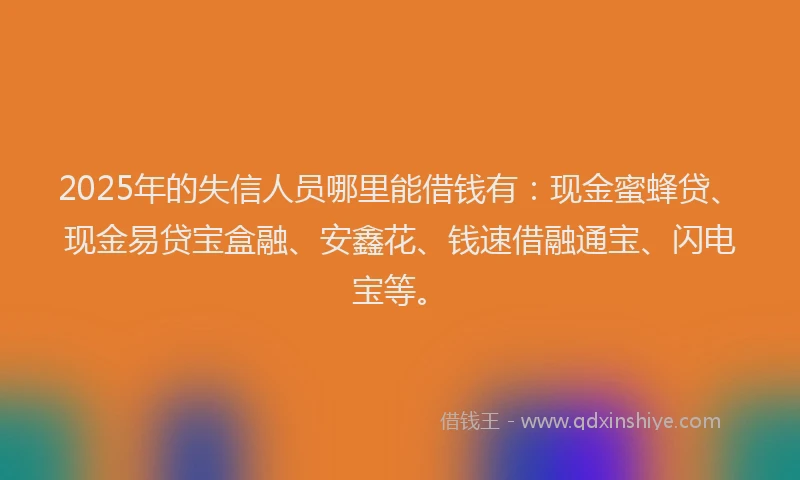 2025年的失信人员哪里能借钱有：现金蜜蜂贷、现金易贷宝盒融、安鑫花、钱速借融通宝、闪电宝等。