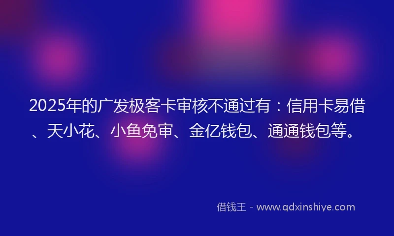 2025年的广发极客卡审核不通过有：信用卡易借、天小花、小鱼免审、金亿钱包、通通钱包等。