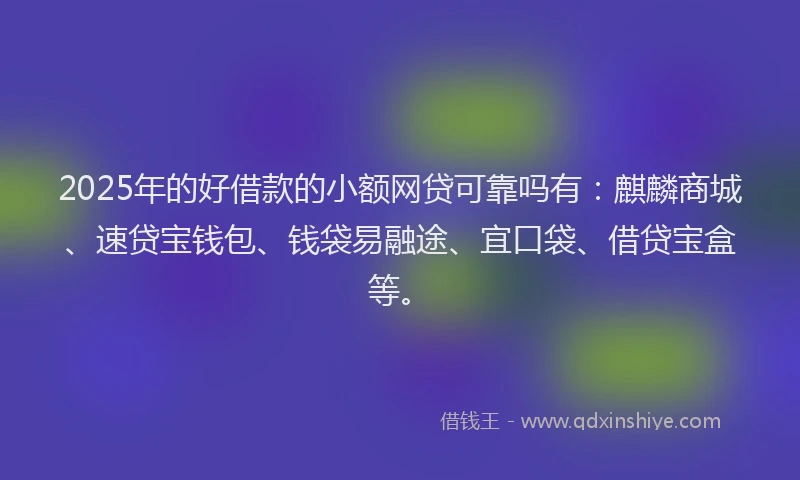 2025年的好借款的小额网贷可靠吗有：麒麟商城、速贷宝钱包、钱袋易融途、宜口袋、借贷宝盒等。