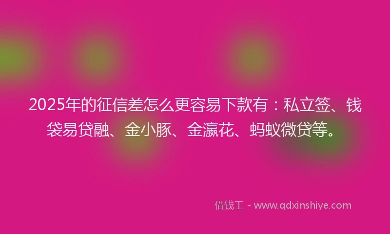 2025年的征信差怎么更容易下款有：私立签、钱袋易贷融、金小豚、金瀛花、蚂蚁微贷等。