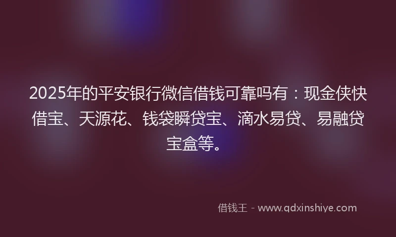 2025年的平安银行微信借钱可靠吗有：现金侠快借宝、天源花、钱袋瞬贷宝、滴水易贷、易融贷宝盒等。