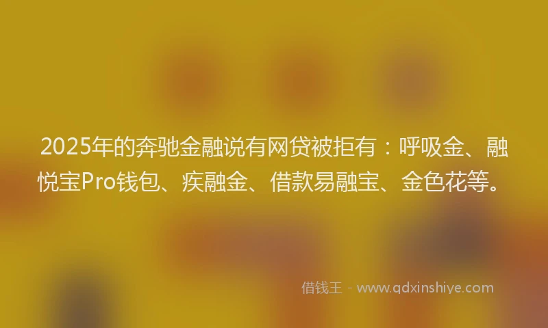2025年的奔驰金融说有网贷被拒有：呼吸金、融悦宝Pro钱包、疾融金、借款易融宝、金色花等。