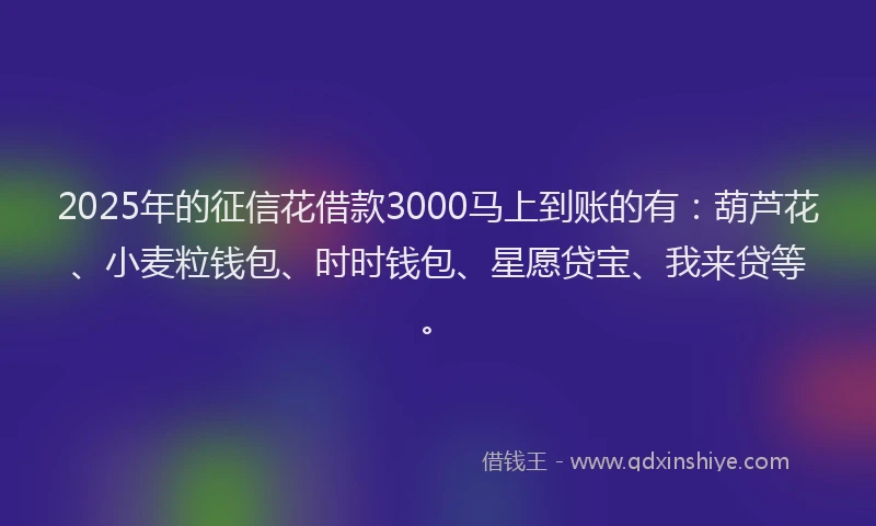 2025年的征信花借款3000马上到账的有：葫芦花、小麦粒钱包、时时钱包、星愿贷宝、我来贷等。