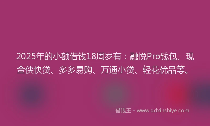 2025年的小额借钱18周岁有：融悦Pro钱包、现金侠快贷、多多易购、万通小贷、轻花优品等。