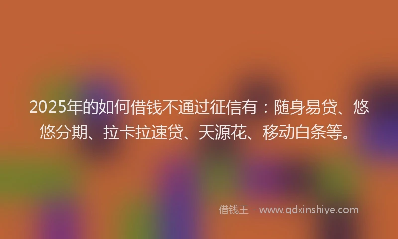2025年的如何借钱不通过征信有：随身易贷、悠悠分期、拉卡拉速贷、天源花、移动白条等。