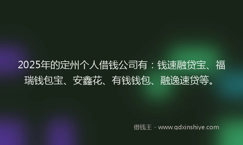 2025年的定州个人借钱公司有：钱速融贷宝、福瑞钱包宝、安鑫花、有钱钱包、融逸速贷等。