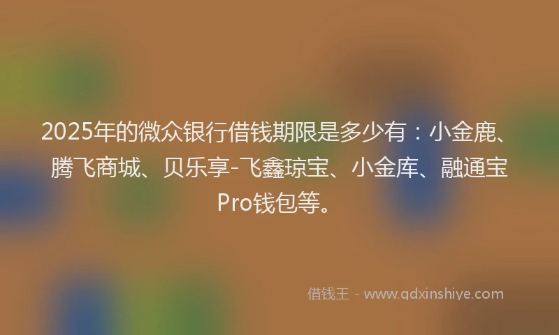 2025年的微众银行借钱期限是多少有：小金鹿、腾飞商城、贝乐享-飞鑫琼宝、小金库、融通宝Pro钱包等。