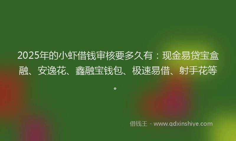 2025年的小虾借钱审核要多久有：现金易贷宝盒融、安逸花、鑫融宝钱包、极速易借、射手花等。