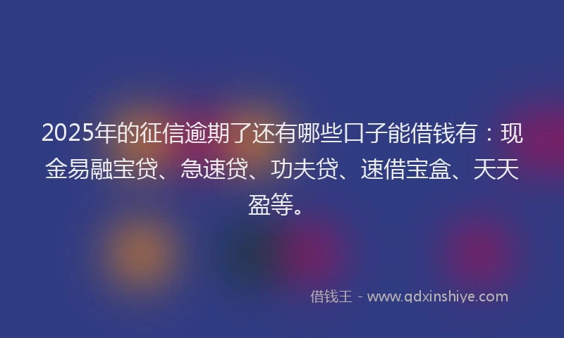 2025年的征信逾期了还有哪些口子能借钱有：现金易融宝贷、急速贷、功夫贷、速借宝盒、天天盈等。