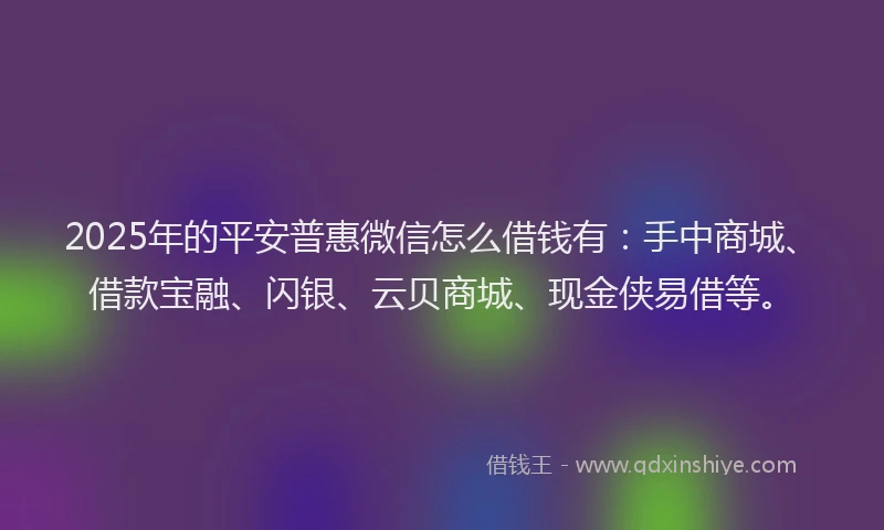 2025年的平安普惠微信怎么借钱有：手中商城、借款宝融、闪银、云贝商城、现金侠易借等。