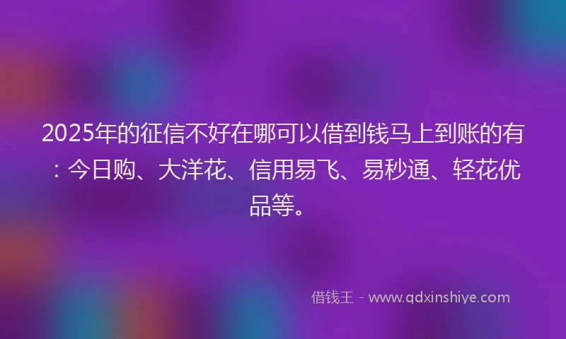 2025年的征信不好在哪可以借到钱马上到账的有:今日购、大洋花、信用易飞、易秒通、轻花优品等。