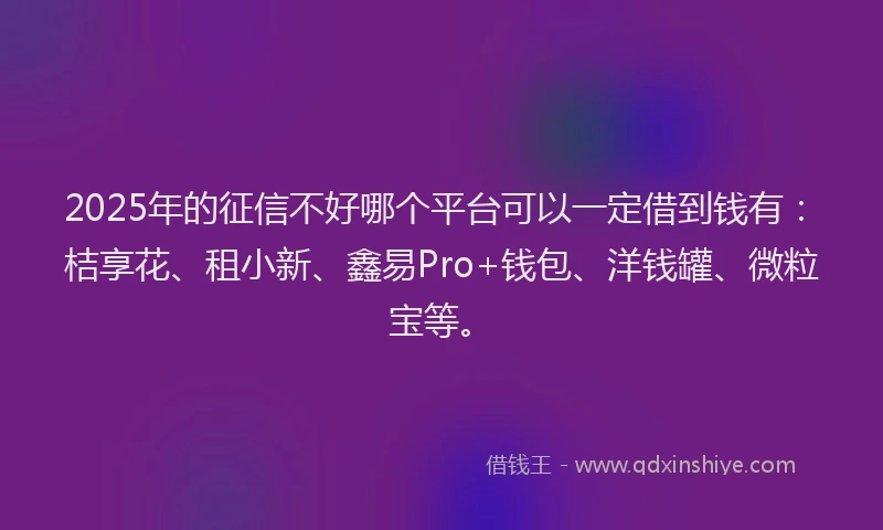 2025年的征信不好哪个平台可以一定借到钱有：桔享花、租小新、鑫易Pro+钱包、洋钱罐、微粒宝等。