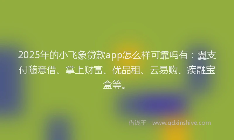 2025年的小飞象贷款app怎么样可靠吗有：翼支付随意借、掌上财富、优品租、云易购、疾融宝盒等。