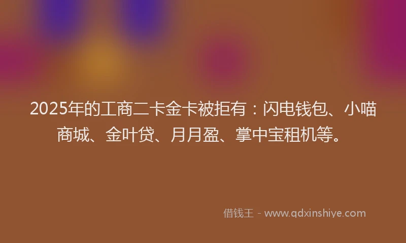 2025年的工商二卡金卡被拒有：闪电钱包、小喵商城、金叶贷、月月盈、掌中宝租机等。