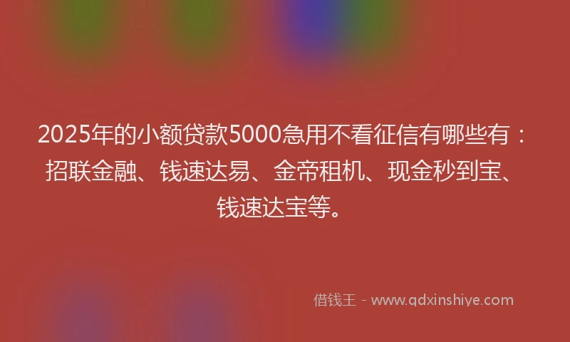 2025年的小额贷款5000急用不看征信有哪些有：招联金融、钱速达易、金帝租机、现金秒到宝、钱速达宝等。