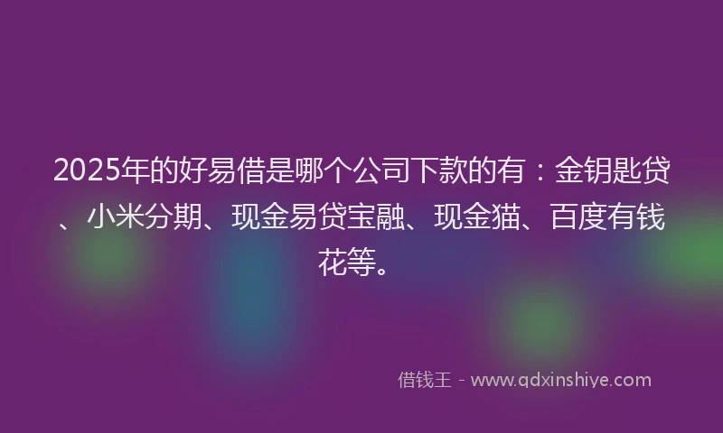 2025年的好易借是哪个公司下款的有：金钥匙贷、小米分期、现金易贷宝融、现金猫、百度有钱花等。